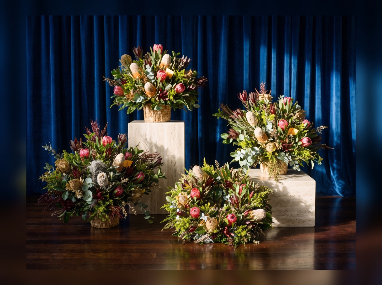 Four related pink, cream, burgundy and green botanical arrangements in woven baskets, displayed on pale plinths and a dark floor against blue curtains.