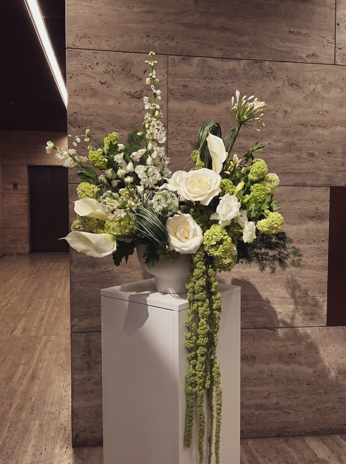 A sculptural white and lime-green arrangement with tall stems and long trailing material, in a pale low vessel on a white pedestal against stone.