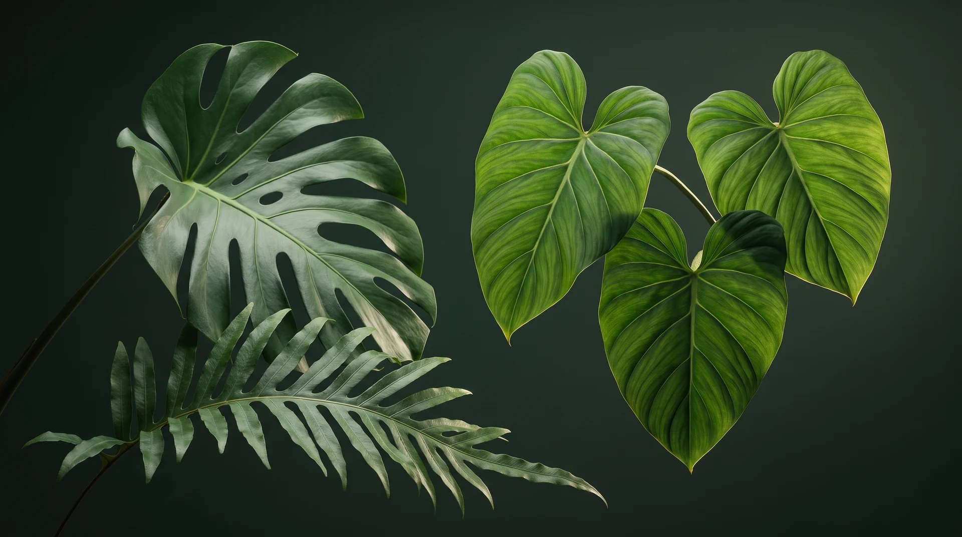Sculptural green monstera and philodendron leaves against a deep green background